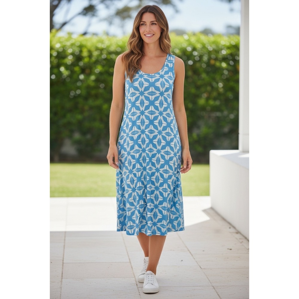 Tango Mango Blue White Geometric Sleeveless Midi Dress Pockets Keyhole resort Lg